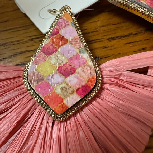 Peach and Gold Patterned Wood Raffia Tassel Earrings - Picture 4 of 7